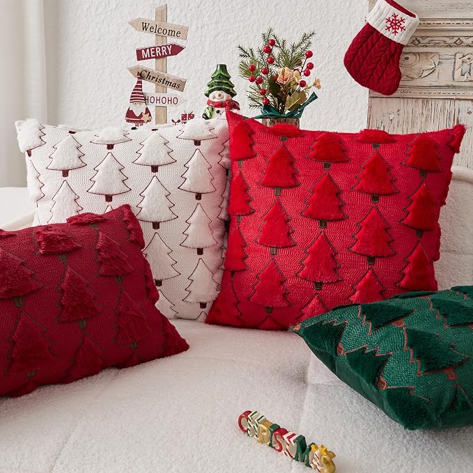 Kevin Textile Christmas Tree Pillow Covers 20x20 Inch Set of 2 Luxury Embroidery Soft Plush Faux Fur Decoration Pillowcases for Couch Sofa Holiday Festivals Winter Xmas Gift, Cream White & Red