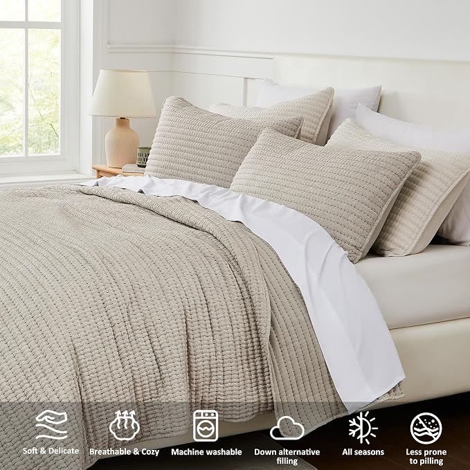WDCOZY Taupe Twin Size Pick Stitch Quilt Set, 2 Pieces 68x90 inches | Striped Lightweight Bedspread, Channel Farmhouse Coverlet, All Season Bedding Comforter, Textured Linen-Like, 1 Pillow Sham