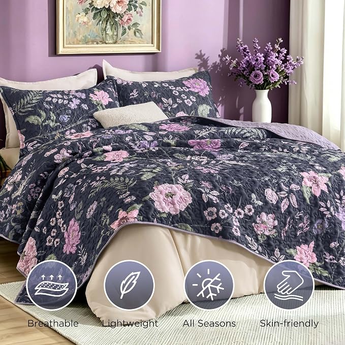 Litanika Floral Dark Purple Quilt Set- 3Pcs Botanical Birds Pattren Bed | Super King Bedspread Summer Lightweight Soft Coverlet with Pink Flower for All Seasons (120"x120")