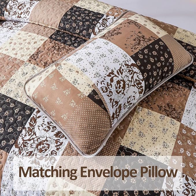 Mybedsoul Brown Quilt Set Twin Size Dorm Bedding, Patchwork Bedding Set | Soft Lightweight Microfiber Floral Coverlet Set, 2 Pieces Plaid Reversible Bedspread, Bed Sets for All Seasons 68"x86"