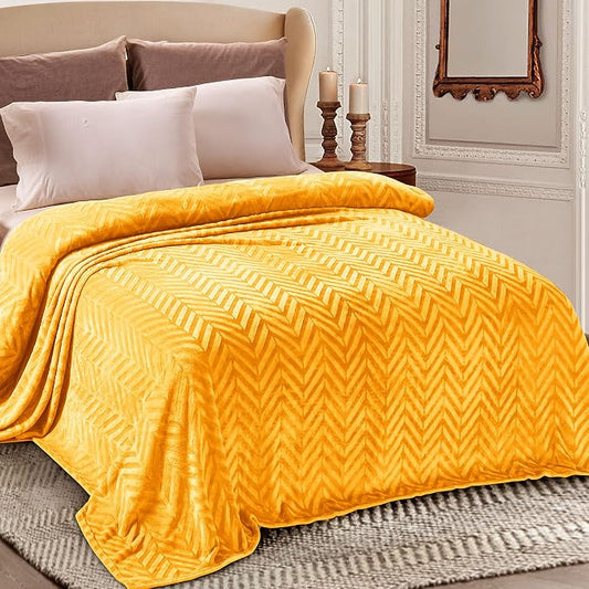 Whale Flotilla Flannel Fleece Bed Blanket King Size, Lemon Yellow | Lightweight Breathable Soft Bedspread, Plush Fluffy Coverlet Chevron Design Decorative Blanket for All Season, 90x104 Inch