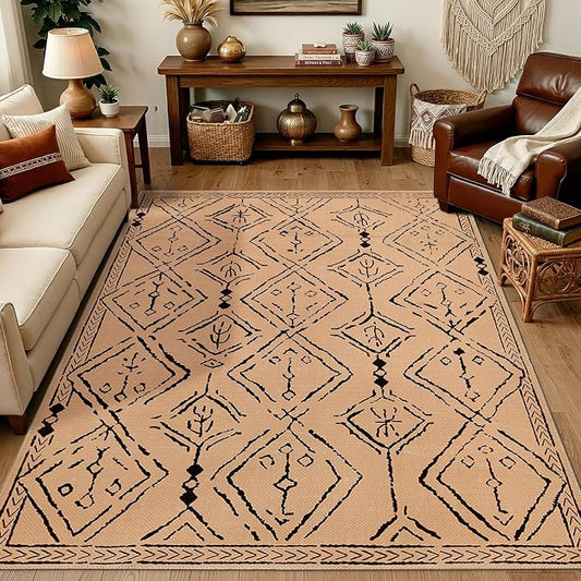 jinchan 6x9 Faux Jute Area Rug Washable Moroccan Living Room Rug Warm Taupe | Neutral Boho Geometric, Non-Slip, Low Pile, Indoor Outdoor, Natural Fiber Look, Dining Room, Deck, Backyard, Bedroom, Patio