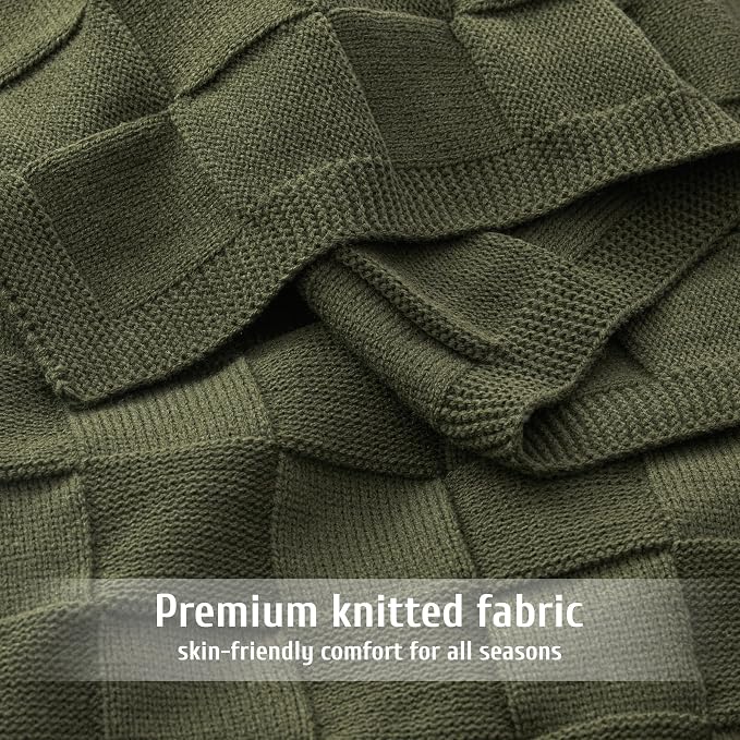 Whale Flotilla Checkered Knit Throw Blanket for Couch, Olive | Soft Decorative Knitted Blankets for Couch Sofa Bed, Lightweight Cozy Throws for Spring Summer, 60x80 Inch