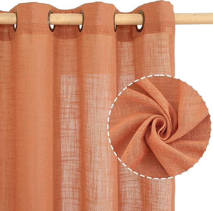 Linen Curtains for Living Room 72 Inch Length 2 Panels, Burnt Orange | Semi Sheer Light Filtering Panels, Neutral Rustic, Farmhouse Boho, Drapes for Bedroom, Bronze Grommet, 52 x 72 Inch