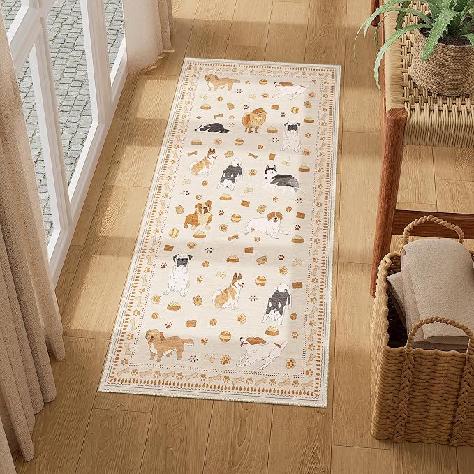 DUKINO 2x4 Rug Runner, Washable Dog Bathroom Rug Soft Non Slip Beige Yellow | Low Pile, Non-Shedding, Stain Resistant, Indoor Animal Carpet Runner for Kitchen Entryway Hallway Laundry Farmhouse Bedroom