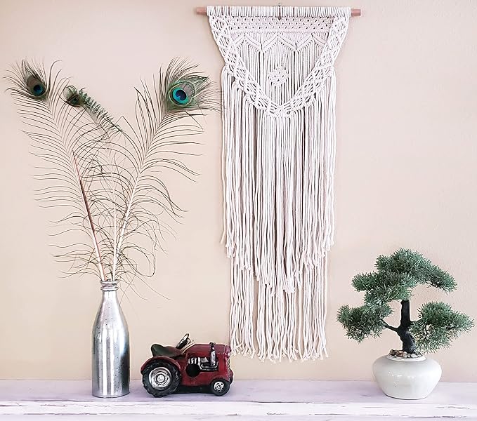 Boho Macrame Wall Hanging Woven Decor - Ivory 16 x 36 Inches Modern Bohemian Farmhouse Wall Art Tapestry Decor for House, Apartment, Dorm Room, Nursery, Party Decorations, Wedding, Wall Ornament