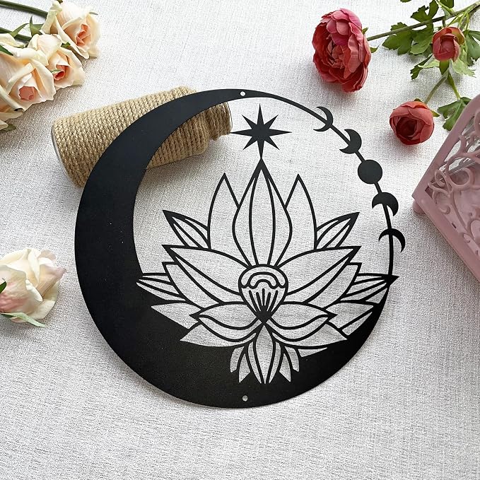 Metal Moon Art Wall Decor,Boho Star Phase Sign Decoration-Lotus | Flower Hanging Sculpture| Witch |Gothic Theme|Floral Silhouettes|Bedroom Living Room Home |Halloween Gifts|Black11in