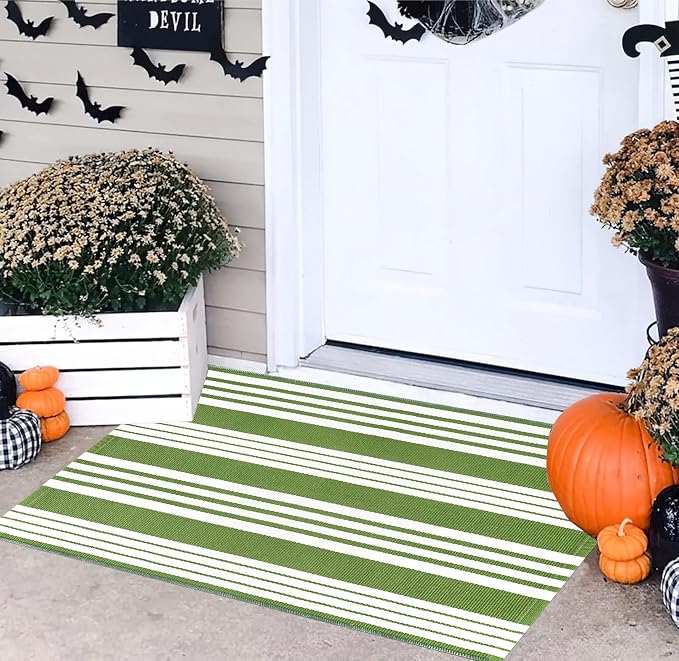 Green and White Striped Outdoor Rug 24'' x 35'' Door Mat Outdoor Machine Washable Welcome Mats Cotton Hand-Woven Entryway Rug for Front Porch/Entryway/Laundry/Bathroom/Bedroom