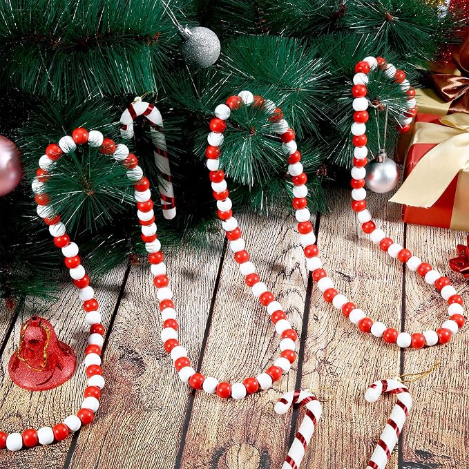 Hicarer 16 Feet Christmas Wood Bead Garland Candy Cane,Mixed Red and White