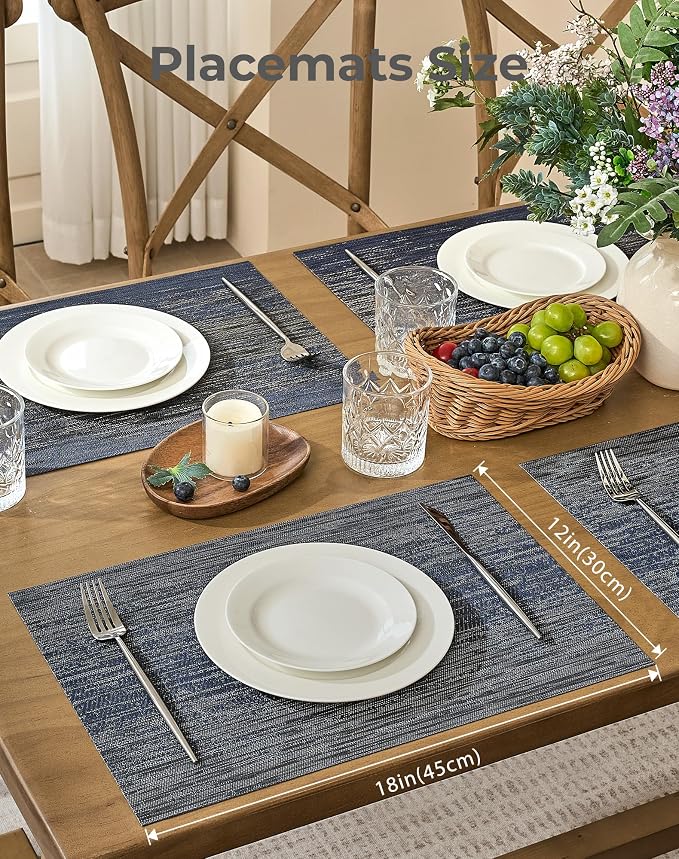 Leetaltree Denim Blue Placemats Set of 4 - Heat Resistant Non-Slip Place mats for Dining Table, Washable Durable PVC Vinyl Woven Table Mats（Denim Blue, 4）
