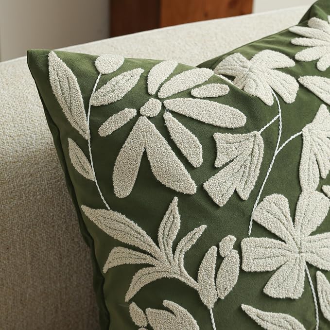 BlissBlush Decorative Throw Pillow Cover 20x20 Inch, Olive Green Floral Tufted Velvet Accent Pillow Case for Sofa Bed Living Room, Cover Only