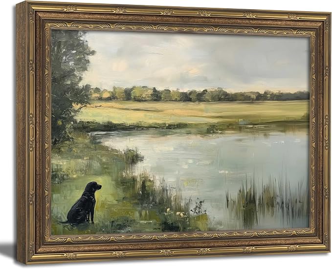 Vintage Gold Framed Wall Art Vintage Hunting Black Dog Wall Art Rustic Black Labrador Pond Landscape Wall Decor Picture Country Nature Farmhouse Animal Poster Print for Living Room Bedroom 9x11in