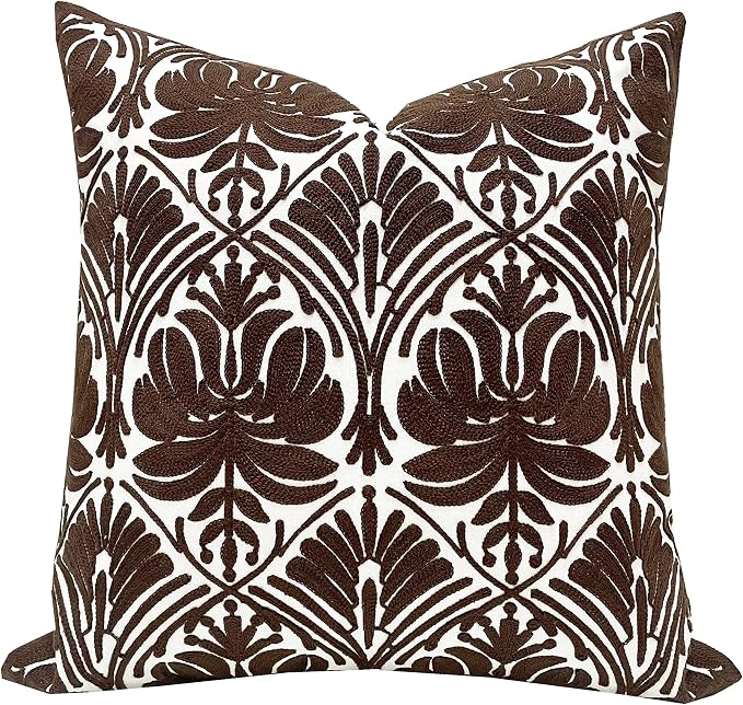 Slow Cow Embroidery Decorative Throw Pillow Cover Brown Invisible Zipper Cushion Cover 18x18 Inches