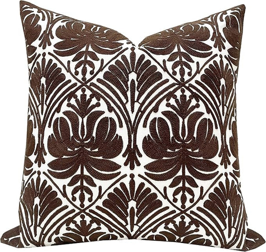 Slow Cow Embroidery Decorative Throw Pillow Cover Brown Invisible Zipper Cushion Cover 18x18 Inches