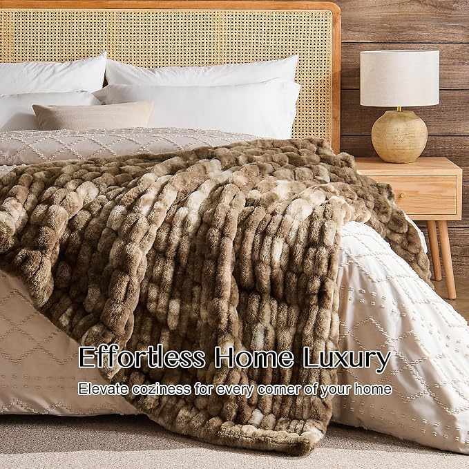 Lotus Karen Faux Fur Throw Blanket, 900 GSM Dual-Sided Soft Ruched Twin Blanket for Couch, Fluffy Cozy Fuzzy Plush Throw Gifts for Women Man Bedroom Living Room (Tie-Dye Dark Coffee, 60"x80")