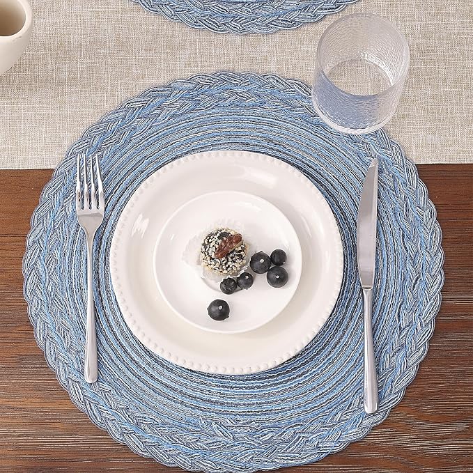 SHACOS Round Placemats Set of 6 Woven Kitchen Table Mats 15 inch Circle Braided Border Washable Cotton Polyester Place Mats, Multicolor Blue Grey (Pack of 2)