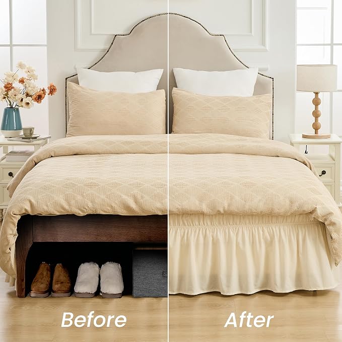 BISELINA Wrap Around Bed Skirts 17" Drop, Cotton Adjustable Elastic Dust Ruffles Easy Fit Wrinkle & Fade Resistant Soft Cozy Elegant Luxurious Bedding - Beige, King Size