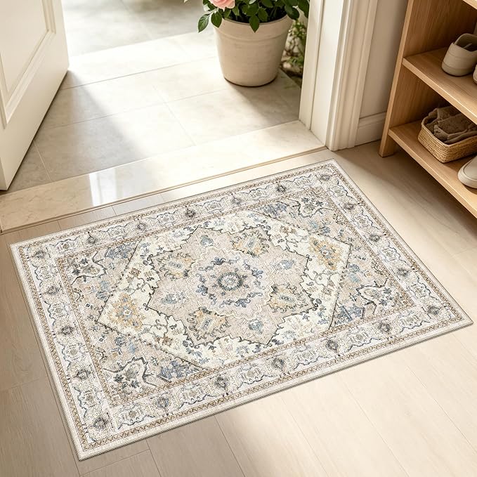 AooHHooA 2x3 Washable Non-Slip Boho Area Rug for Kitchen Bathroom Entryway Bedroom, Beige Vintage Print Stain Resistant Home Decor