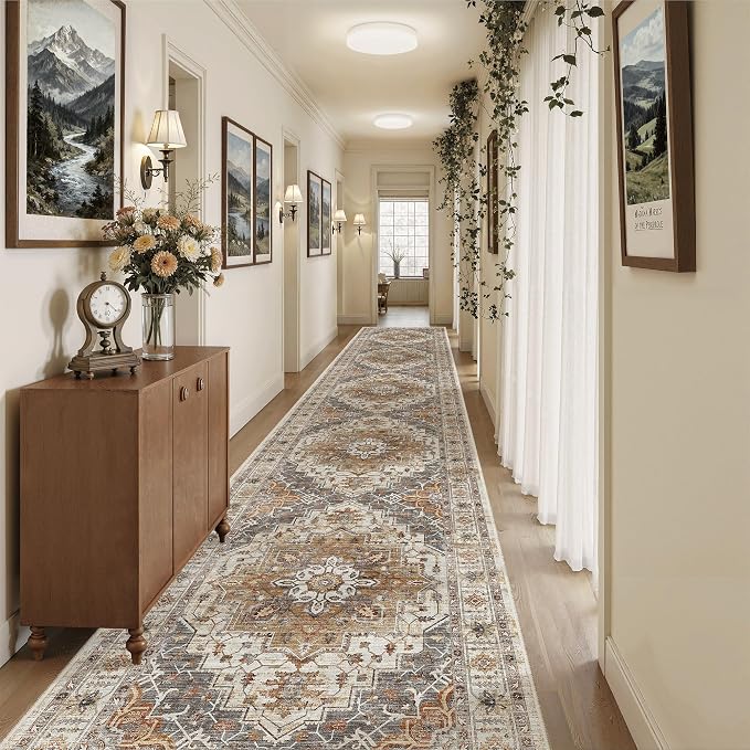 Madane Hallway Runner Rug 3x20 Washable Kitchen Runners 20ft, Turmeric/Grey | Vintage Non Slip Extra Long Area Rugs , Soft Low-Pile Farmhouse Wide Floor Carpet for Corridor Entryway Bathroom Bedroom