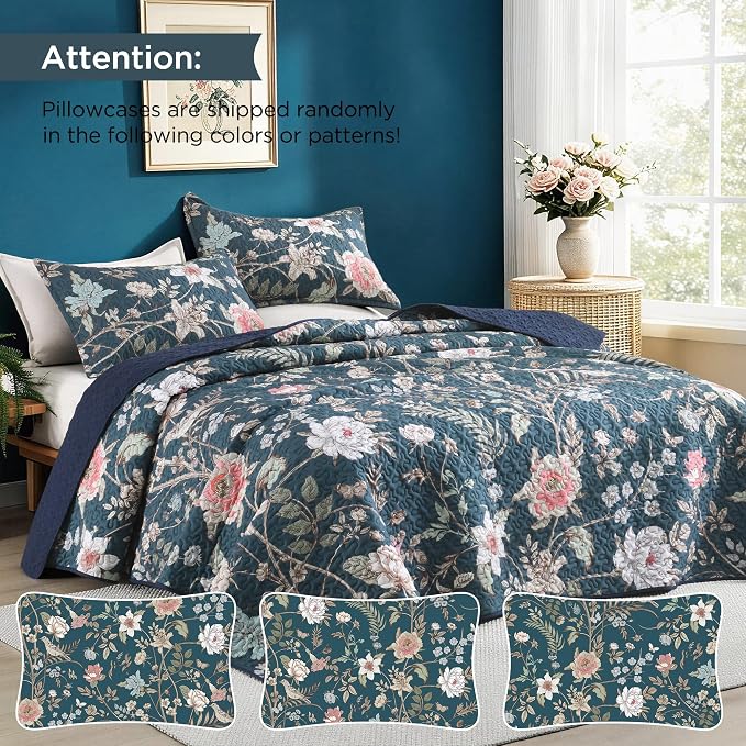 Litanika Floral Teal Quilt Oversized King - 3Pcs Botanical Birds Bed Set | Super King Plus Bedspread Summer Lightweight Soft Coverlet with Pink Flower for All Seasons(128"x120")