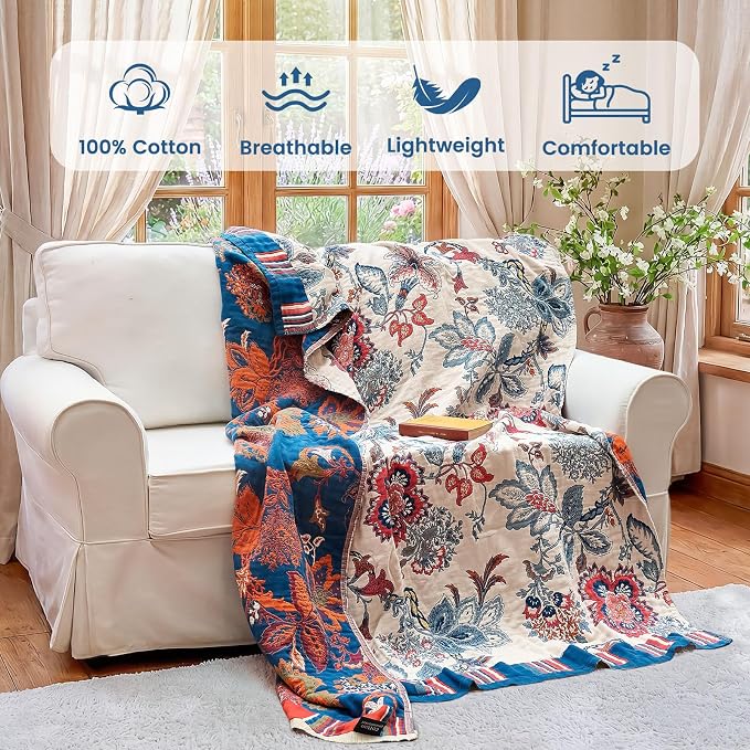 MSGKV Boho Throw Blanket 60"x80" 100% Cotton Farmhouse Floral Blanket | 100% Cotton Muslin, Botanical Throw Blanket, Reversible Weave, Soft & Breathable, Rustic Home Style, Machine Washable