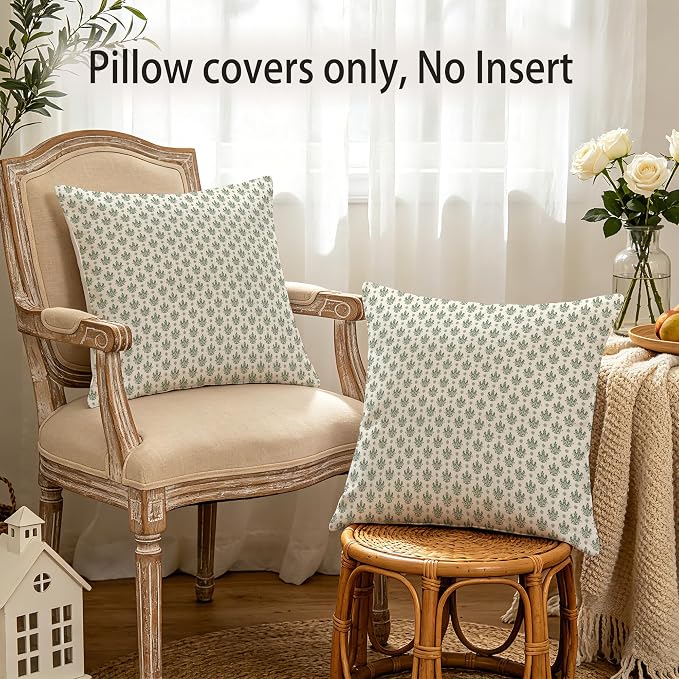 Hexagram Floral Pillow Covers 18x18, Vintage Green Throw Pillow Covers | Olive Green, Set of 2, Farmhouse Neutral Decorative for Couch Pillows, Home Decor, Living Room, Bedroom, No Insert