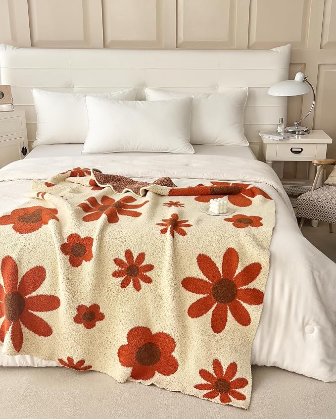 Ultra Soft Cozy Daisy Sunflower Knitted Throw Blanket Fluffy Microfiber Checkerboard Bed Blanket Lightweight Both Sides Blanket for Couch Sofa Bed (Daisy, Throw 50“x60”)