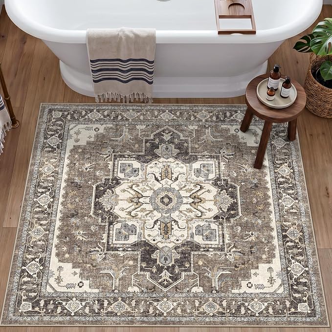 Washable 4x4 Square Area Rug: Indoor Vintage Non-Slip Kitchen Rugs with Rubber Backing for Bedroom Entryway Soft Thin Stain Resistant Carpet Home Decor Floor Mat for Dining Room Bathroom (Beige,4x4)