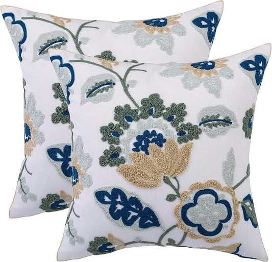 LUOYEHK Embroidered Decorative Throw Pillow Covers 18x18 Inch Pack of 2 Spring Farmhouse Floral Square Pillowcase Canvas Cushion Cover for Couch Sofa Bed Living Room（Blue Dragon Flower）