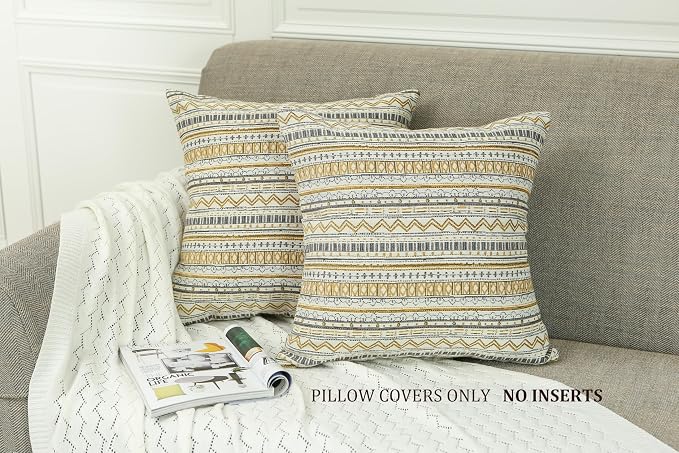 Mika Home Pack of 2 Throw Pillow Covers, Striped, 20x20 Inches, Gold Grey | Decorative Pillow Cases for Sofa Couch Bed, Bohemian Striped Geometric Pattern