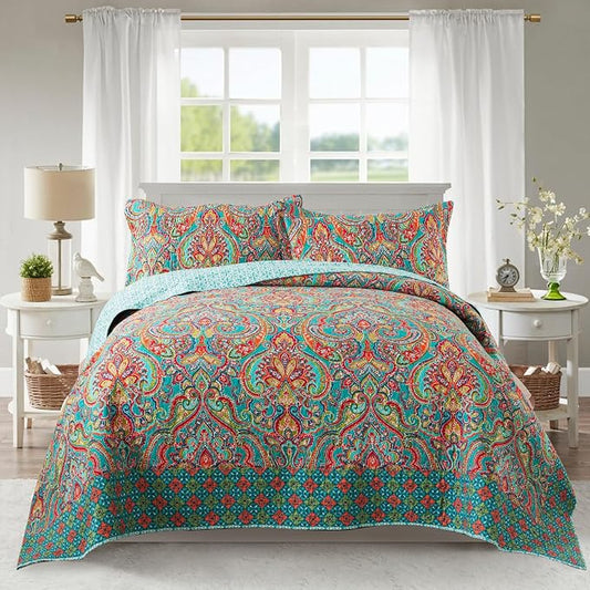 NEWLAKE Cotton Bedspread Quilt Sets-Reversible Patchwork Coverlet Set, European Gorgeous Floral Pattern, California King Size