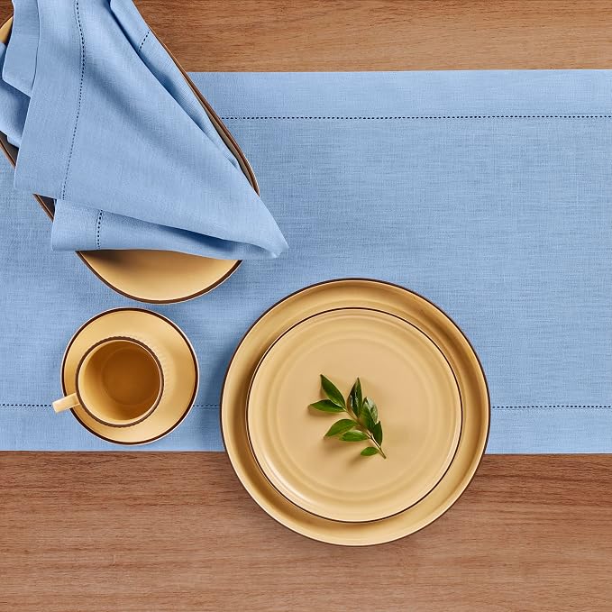 Solino Home 100% Pure Linen Dining Table Runner Cornflower Blue, 14 x 72 in | Classic Hemstitch, styles dining tables for meals and celebrations, hemstitched border, mitered corners, OEKO-TEX Certified