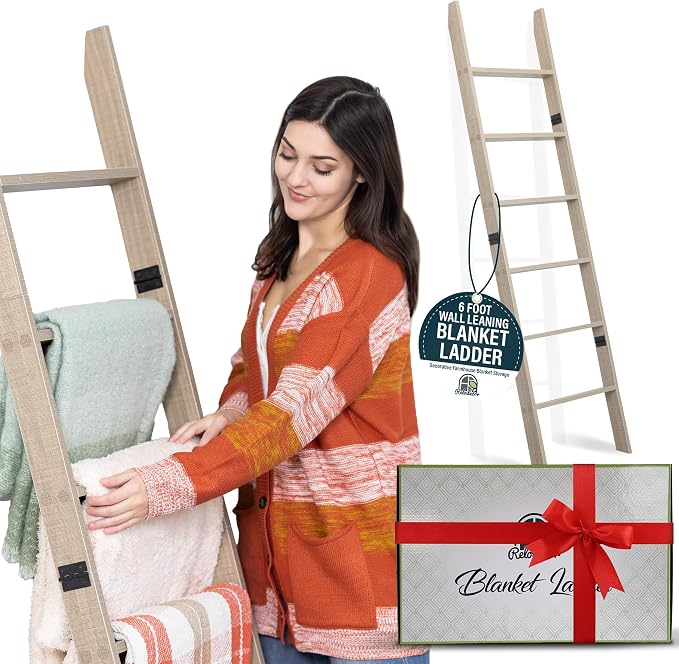 Blanket Ladder for the Living Room and Bedroom, Quilt Rack, Smokey Oak | 5ft 8 inch, 6-Tier Wall Leaning Blanket Holder, Laminate Snag Free, Rustic Decorative Farmhouse Ladder Shelf for Blankets