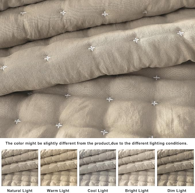 WDCOZY Beige King Size Quilt Bedding Sets with Pillow Shams, Tan Cream Lightweight Bedspread Coverlet, Quilted Blanket Thin Comforter Bed Cover, All Season Summer Spring, 3 Pieces, 104x90 inches