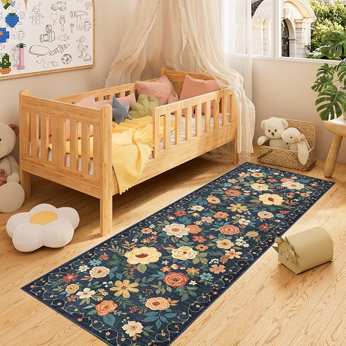 DUKINO 2.6x8 Runner Rug, Washable Runner Rug for Hallway Non Slip Navy Blue | Low Pile, Soft, Floral Indoor Rug for Kitchen, Entryway, Bedroom, Bathroom, Pet Friendly, Stain Resistant, Modern Home Decor