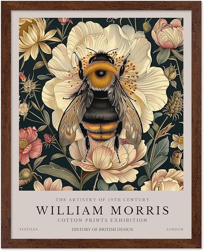 Poster Master William Morris Poster - Bumble Bee Print - Flower Art - Botanical Art - Exhibition Illustration - Animal Illustration - Floral Painting - Bee Artwork - Aesthetic Office or Bedroom Decor - 8x10 Brown Framed