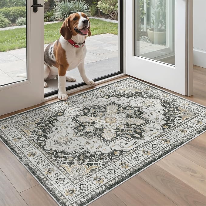 Madane Washable Entry Rug 3x4 Area Rugs for Entryway Kitchen, Black | Vintage Printed Door Mat Indoor Entrance, Low-Pile Floor Carpet Runner for Inside Front Bedroom Kitchen Entry Laundry, Stair