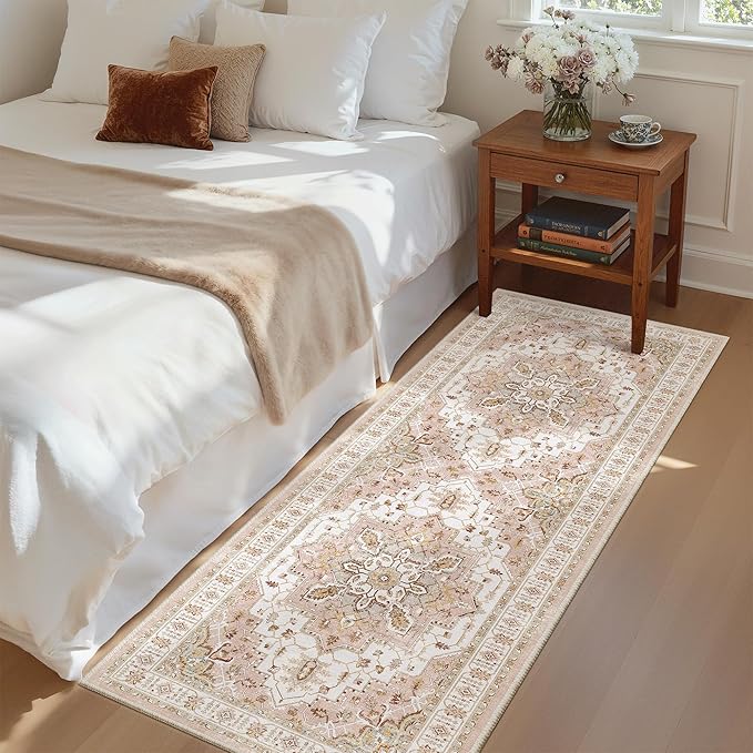 Madane Washable Runner Rug 2x6 Runners for Hallways Non Slip, Pink | Vintage Stain-Resistant 6 Feet Kitchen Rug, Soft Low-Pile Ultra-Thin Floor Carpet Mat for Bathroom Laundry Room Bedroom 2x6ft