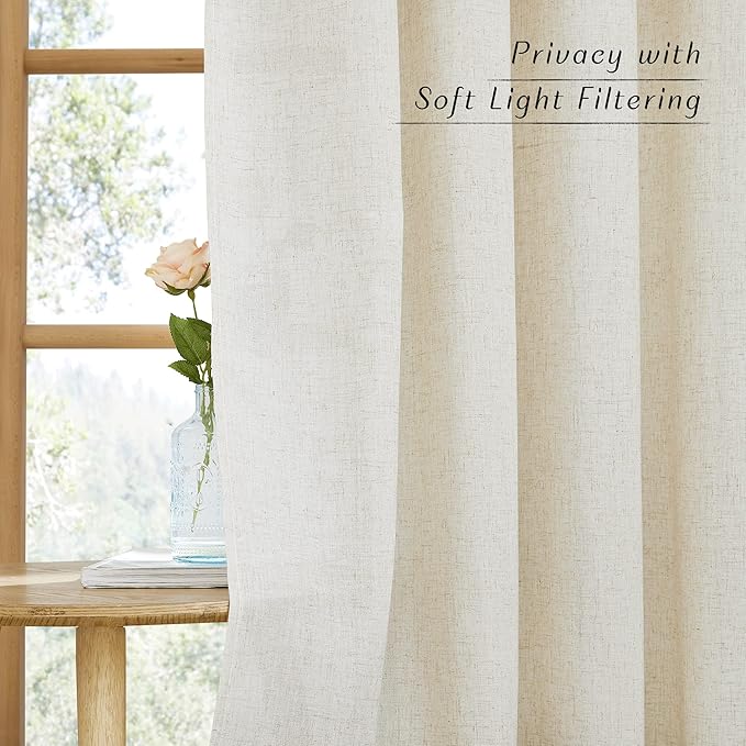 NICETOWN Natural Linen Blend Kitchen Curtains 36 inch Length, Rod Pocket & Back Tab Semi Sheer Privacy Window Treatments Light Filtering for Cafe, W42 x L30, 2 Panels