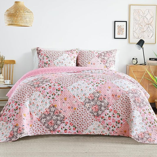 Whale Flotilla Patchwork Quilt King Size, Extra Soft Floral Bedspreads | Pink Reversible Lightweight King Quilt Bedding Set for Bed, Printed Coverlets with 2 Pillow Shams for All Seasons