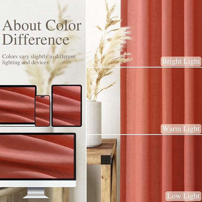 Coral Linen Curtains 108 Inches Long 2 Panels Set Back Tab Loop Pocket Light Filtering Semi Sheer Boho Large Window Decor Extra Long Drapes for High Ceiling Living Room 52x108