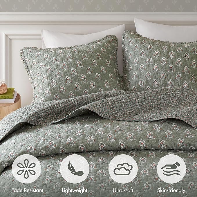 Madison Park Vintage Floral Quilt Set, 3PC King/Cal King Reversible Bed Set | Lightweight Bedspread Set with 2 Shams, Traditional Block Print Coverlets with Ruffled Edge, Sage Green