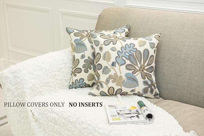 Mika Home Set of 2 Jacquard Tropical Leaf Pattern Throw Pillow Covers Decorative Pillowcase 22X22 Inches,Blue Cream