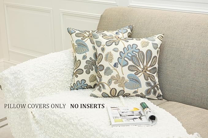 Mika Home Set of 2 Jacquard Tropical Leaf Pattern Throw Pillow Covers Decorative Pillowcase 20x20 Inches, Blue Cream