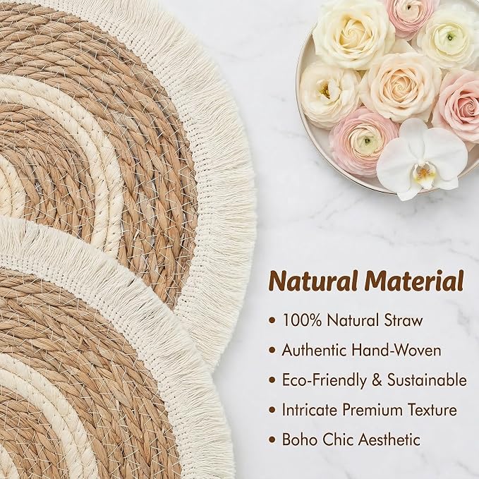 Round Placemats Set of 4, 13.5 in Woven Bulrush Table Mats with Cream Fringe Edge, Charger Plates for Dining Table