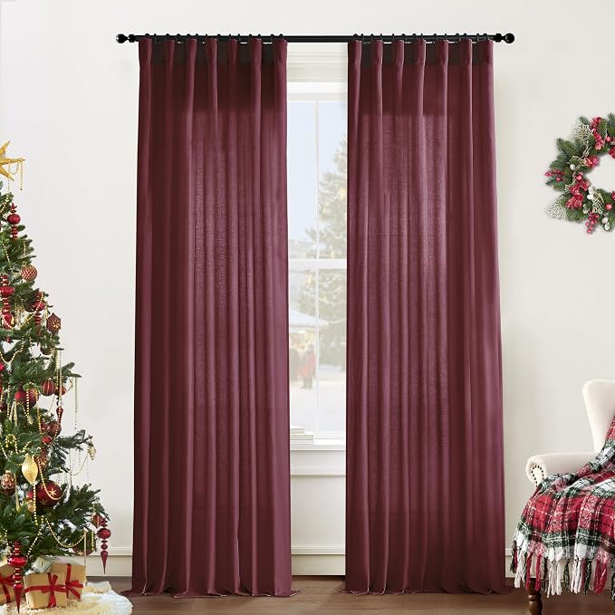 XTMYI Red Wine Curtains, 108x50 inches, Linen Look, Semi Sheer, 4 Hanging Methods, Set of 2 for Living Room, Christmas