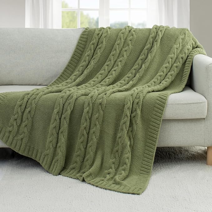 Chunky Knit Blanket Super Soft Cable Fluffy Microfiber Cozy Warm Winter Blankets for Couch Sofa Bed Twin Size 60"X80" Olive Green
