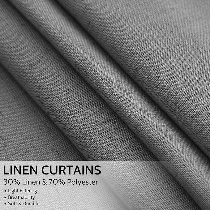 Blazer Grey Curtain Linen Blend Light Filtering Back Tab Curtains 96 Inches Long, Semi Sheer Privacy Drapes for Living Room & Bedroom, 52x96 inch, 2 Panels