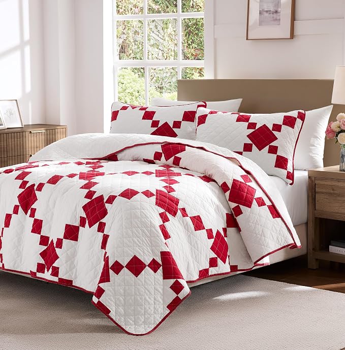 WDCOZY 100% Cotton Quilt California Cal King Size, Oversized Lightweight Reversible Gingham Patchwork Bedding Set with 2 Pillow Shams, Red Block Pattern Farmhouse Rustic Bedspread Coverlet All Season