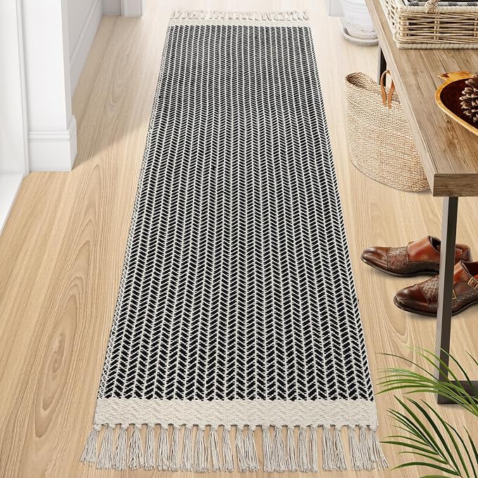 Lahome Boho Bathroom Runner Rug, 2x7 Washable Hallway Runners Black | Woven Cotton Runners with Tassels, Farmhouse Indoor Door Mats, Low Pile Lightweight Carpet for Laundry Room Entryway Decor